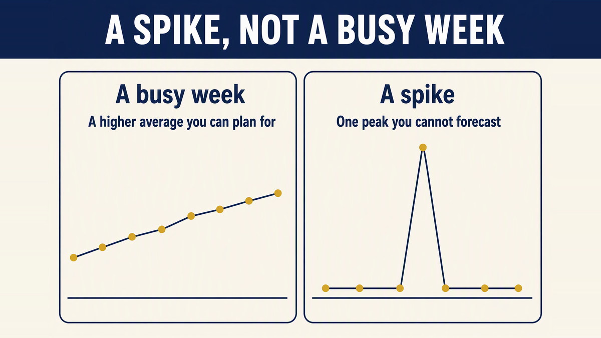 A steady line labelled a busy week beside a sharp single peak labelled a spike