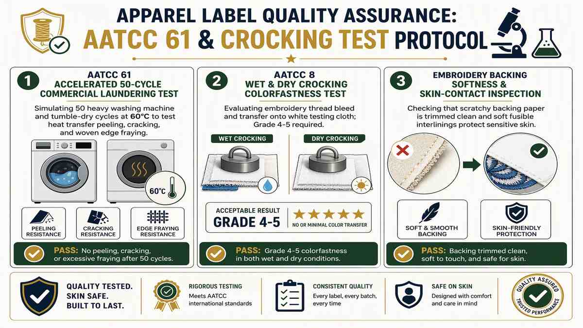 Apparel Label Quality Assurance AATCC 61 and Crocking Test Protocol Infographic