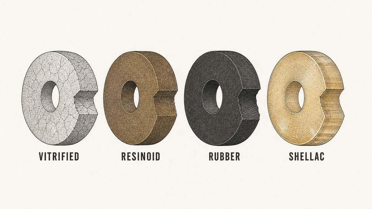 Four abrasive wheels shown side by side with a wedge cut out of each rim so the body material differs: a pale grey glassy wheel with fine internal striations, a dense dull brown-amber wheel, a near-black wheel with a wavy cut edge, and a pale amber translucent wheel with soft internal hatch lines