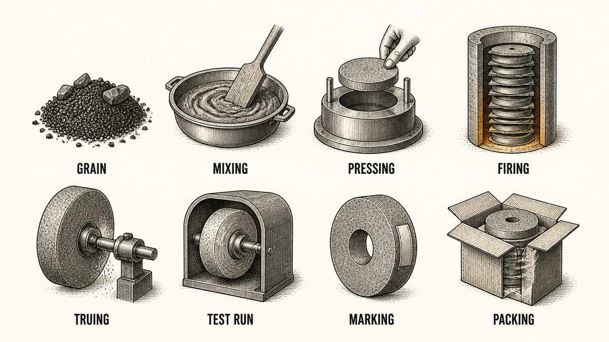 Eight abrasive wheel cost lines drawn as two rows of four: a heap of loose abrasive grain, a mixing pan of paste being turned with a paddle, a pressing die with a flat wheel blank being lifted out, a tall kiln loaded with stacked wheel blanks glowing at the base, a wheel being trued against a steel dresser tool, a wheel spinning inside a closed test guard, a wheel with a blank printed panel on its side face, and stacked wheels packed in an open carton