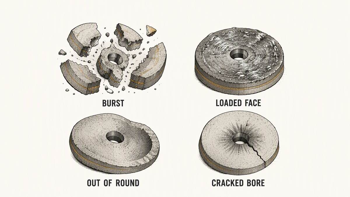 Four failed abrasive wheels drawn as technical illustrations: one broken into large curved fragments flying apart, one whose cutting face is completely clogged and smeared with metal pressed into it, one drawn visibly out of round with a scalloped rim and a hollow worn into one side, and one with a jagged crack radiating from its centre hole surrounded by bruised crushing marks