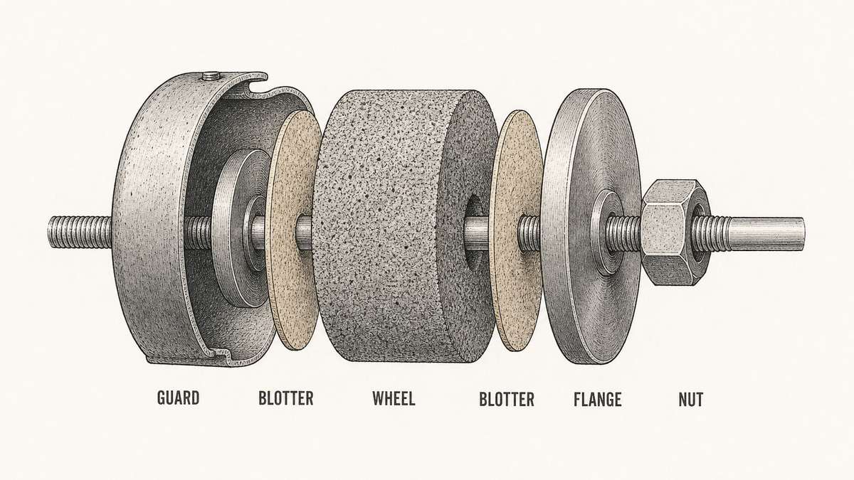 A rotating abrasive wheel assembly shown as one stack on a threaded spindle, left to right: a heavy curved guard hood cut open, a thin paper blotter, the abrasive wheel in section, a second blotter, a thick flat metal flange, and a large hex nut