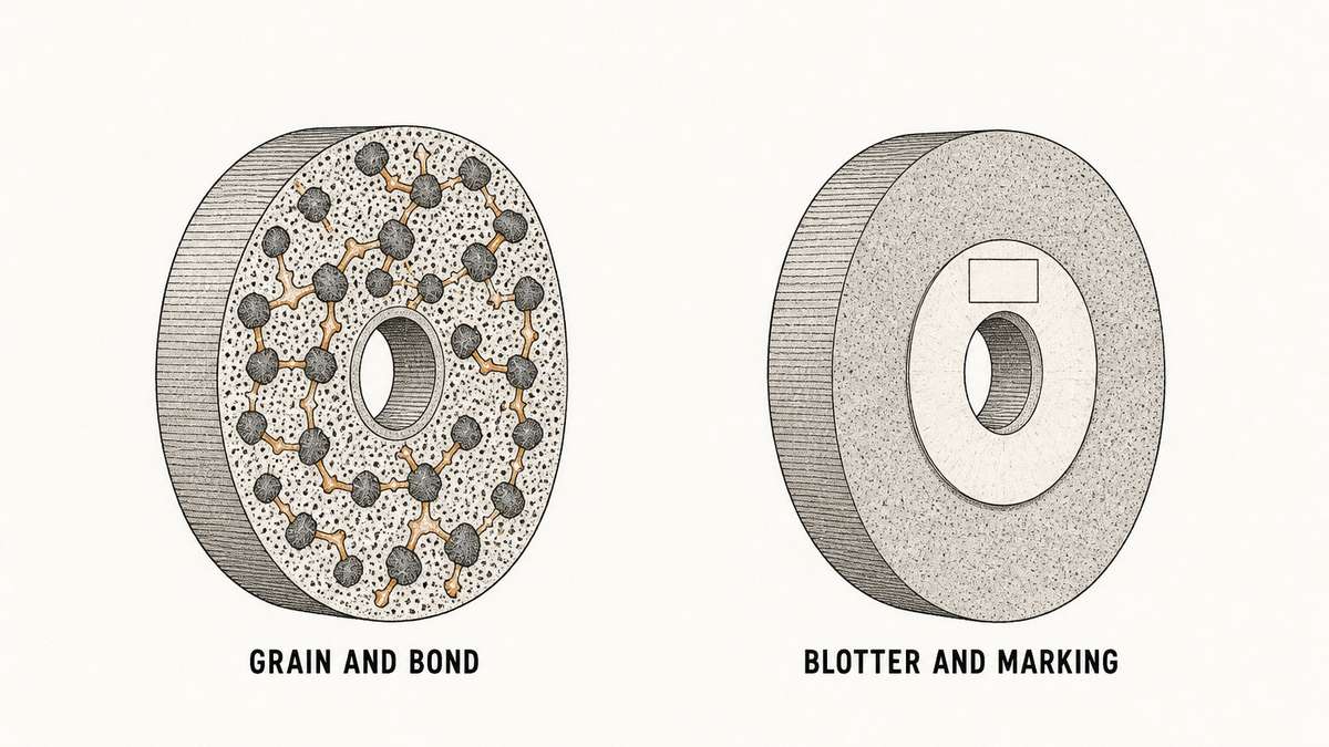 Cut-away drawing of an abrasive wheel showing loose abrasive grain bound by amber-ochre bridges of bond material, beside a side view of the same wheel with a paper blotter ring lying on its face around the centre hole and a blank printed panel on the blotter