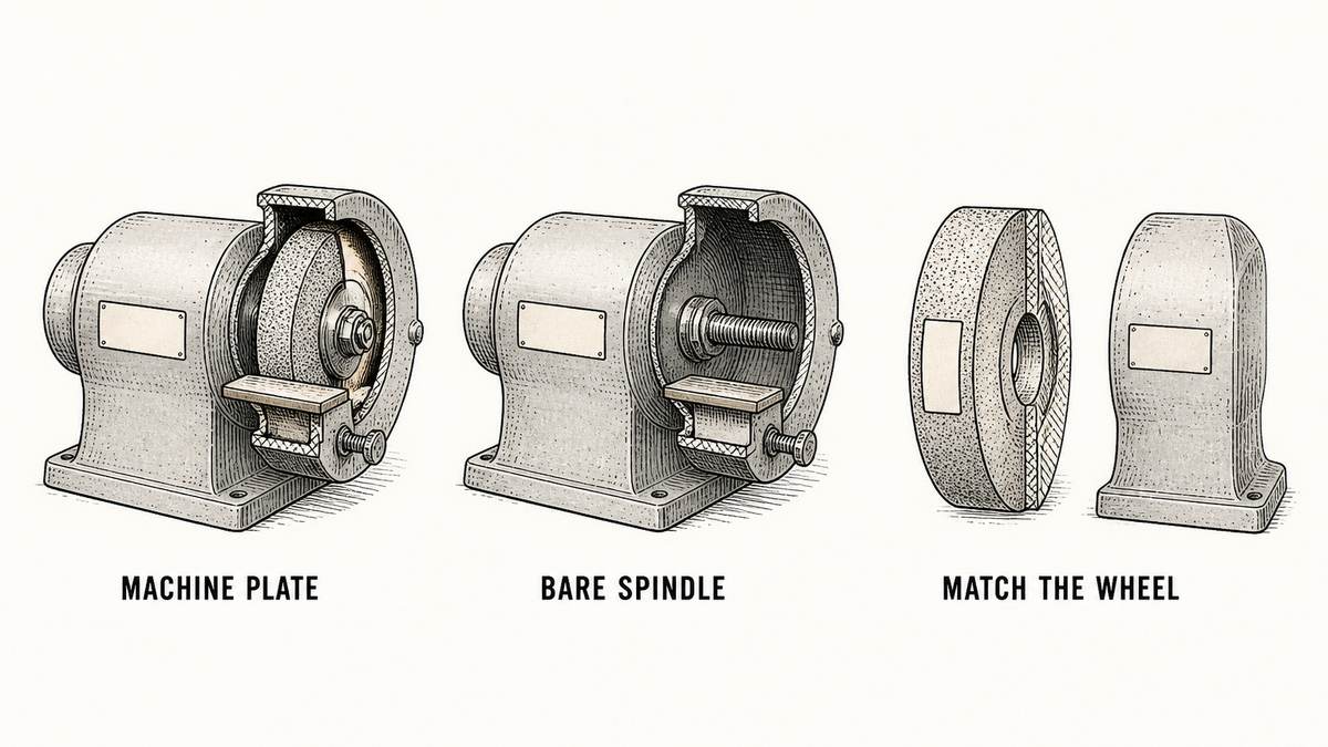 Three drawings: a bench grinding machine with its guarded housing cut open showing the wheel inside and a blank nameplate on the machine body; the same machine with the wheel removed leaving a bare threaded spindle and nut; and a wheel in section with a blank printed panel shown facing a matching blank nameplate on the machine body