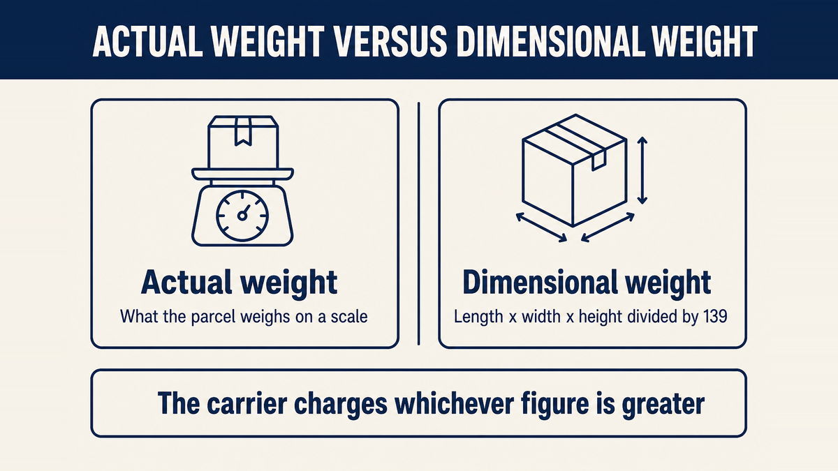 How the greater of actual weight and dimensional weight becomes the chargeable weight on a parcel