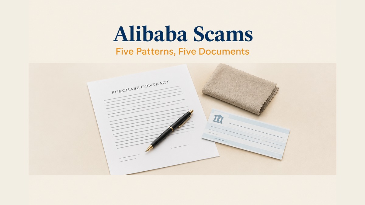 Blog cover on a flat cream surface showing a printed purchase contract with a pen, a bank transfer slip and a fabric sample swatch, with a navy serif headline reading Alibaba Scams and an amber subhead reading Five Patterns, Five Documents