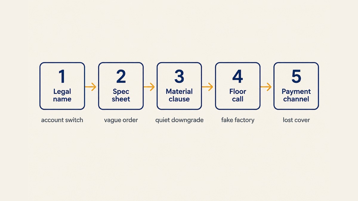 Flat vector horizontal flow of five numbered checkpoints in navy with amber markers: licence name, spec sheet, material clause, floor call and payment channel, each connected to the failure it blocks in small grey text