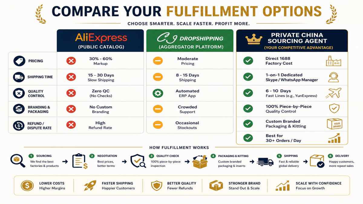 AliExpress vs CJ Dropshipping vs Private China Sourcing Agent Comparison Matrix Infographic