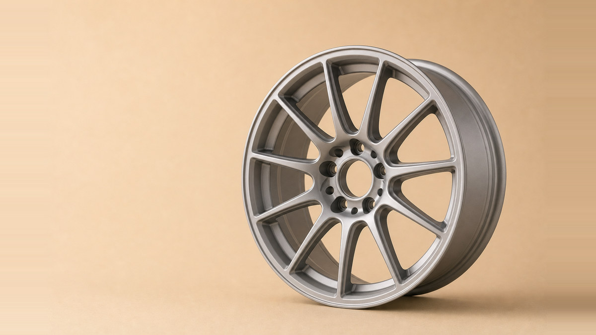 Unbranded multi-spoke silver alloy wheel standing upright on a beige studio surface