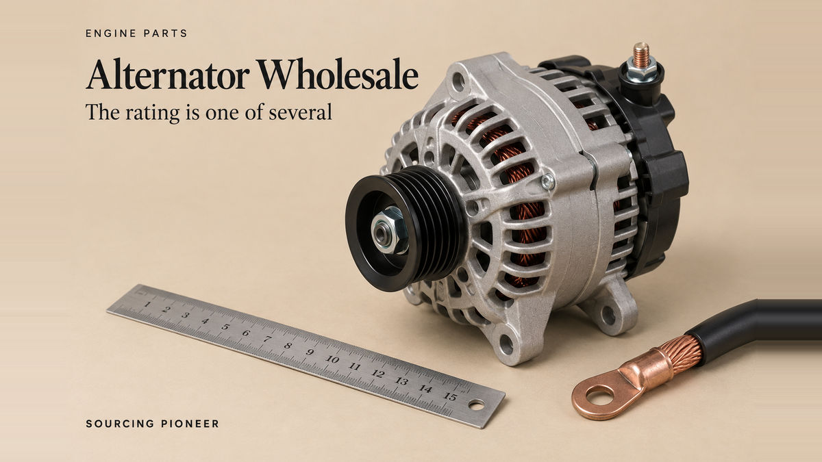 A plain unbranded alternator standing on a warm beige studio surface with its pulley, terminal stud and mounting lugs visible, beside a plain steel rule and a heavy gauge cable end for scale