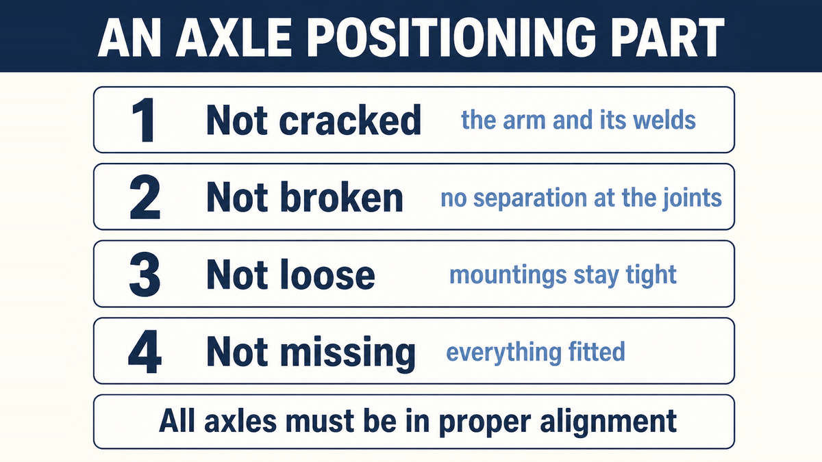 The four conditions an axle positioning part must meet — not cracked, not broken, not loose, not missing — together with the requirement that all axles be in proper alignment