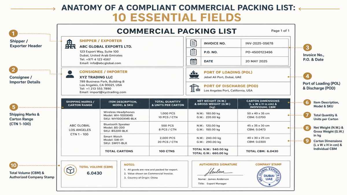 Anatomy of a Accurate Commercial Packing List 10 Essential Fields Infographic