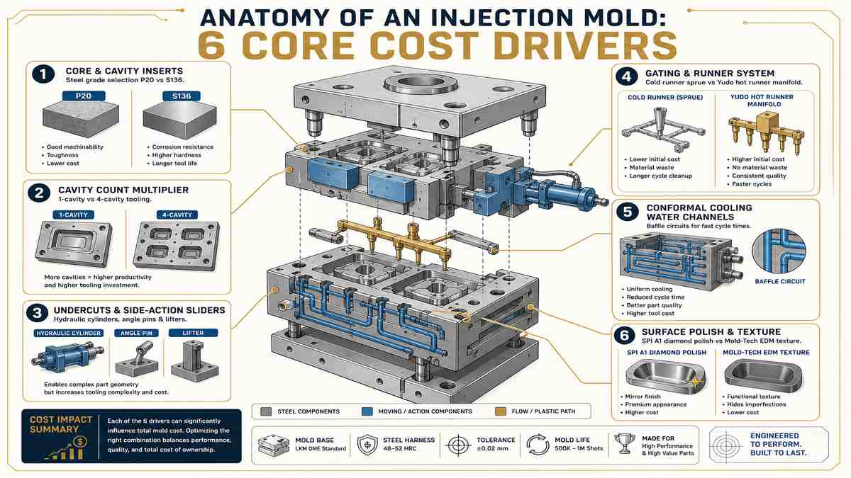 Anatomy of a Plastic Injection Mold 6 Core Cost Drivers Infographic
