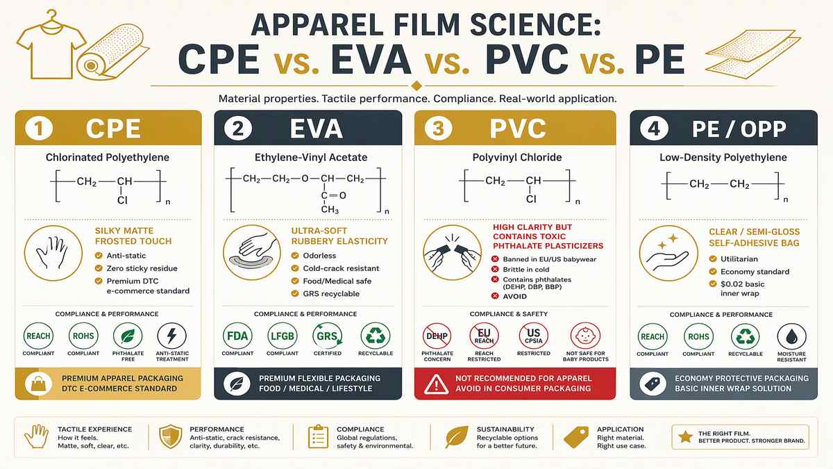 Apparel Film Material Science CPE vs EVA vs PVC vs PE Infographic