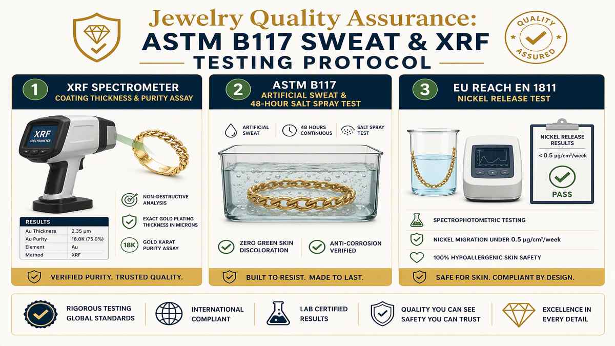 Jewelry Quality Assurance ASTM B117 Sweat and XRF Testing Protocol Infographic