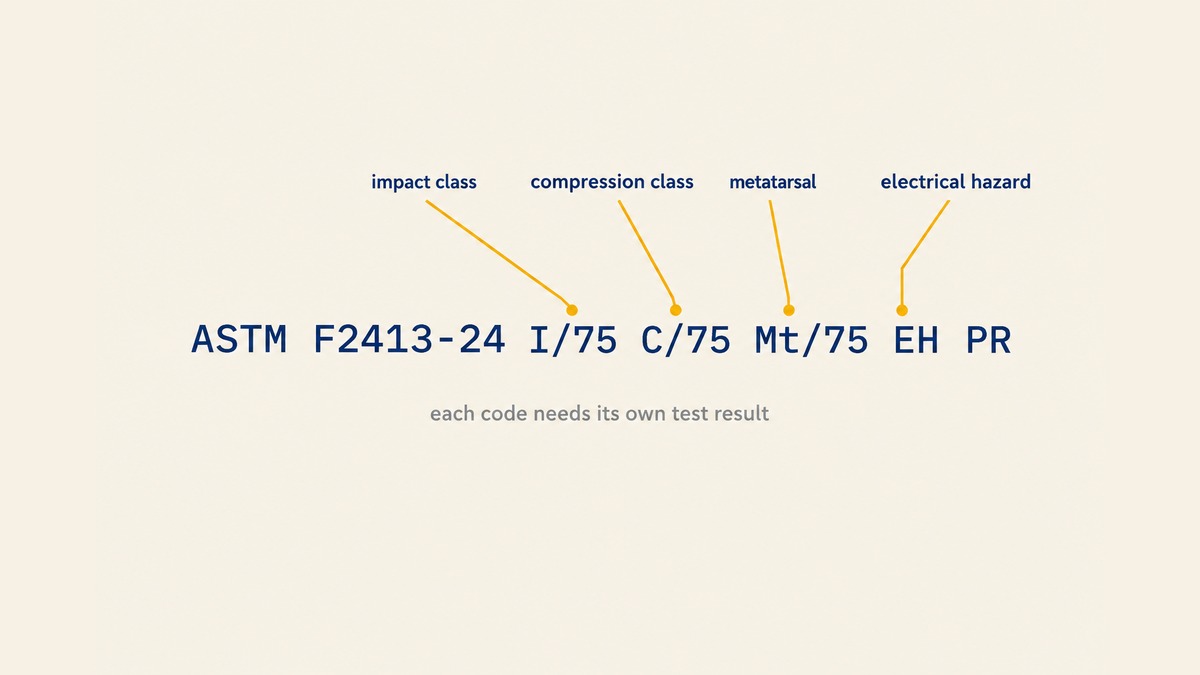 Flat vector diagram of a footwear marking reading ASTM F2413-24 I/75 C/75 Mt/75 EH PR, with amber leader lines labelling impact class, compression class, metatarsal and electrical hazard, and a note that each code needs its own test result
