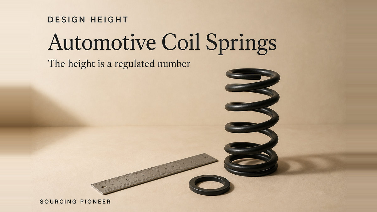 A plain unbranded coil spring standing beside its upper mount and a plain steel rule on a warm beige studio surface