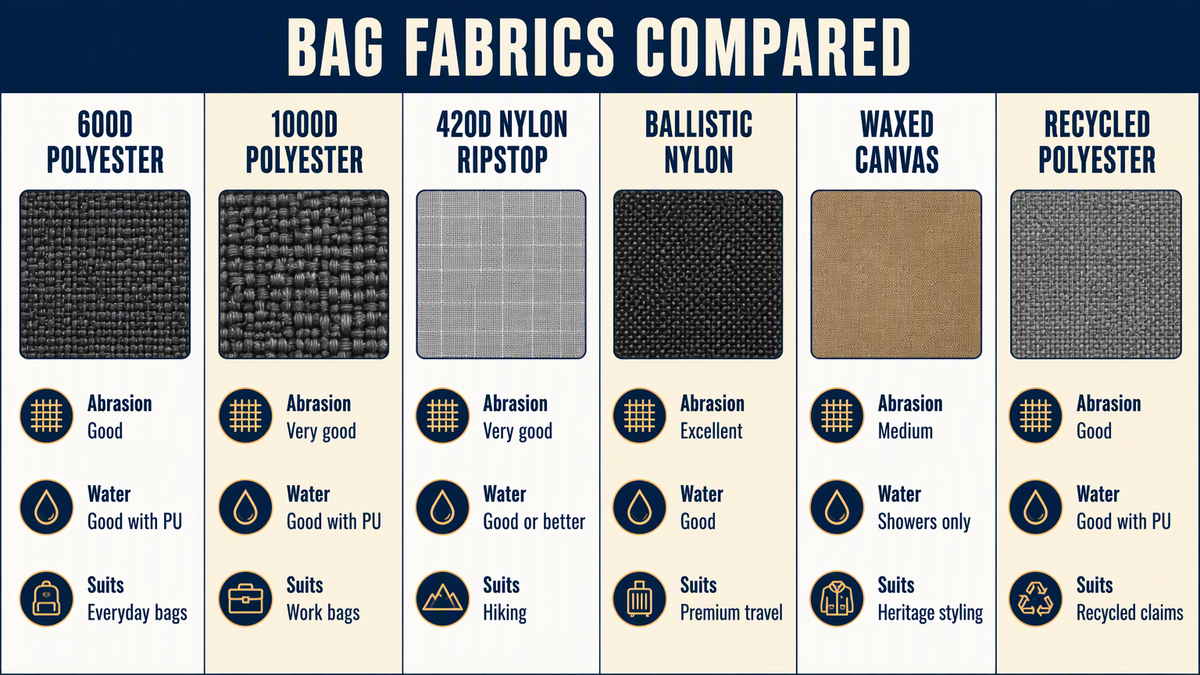 Backpack fabrics compared by denier, coating, abrasion and water resistance
