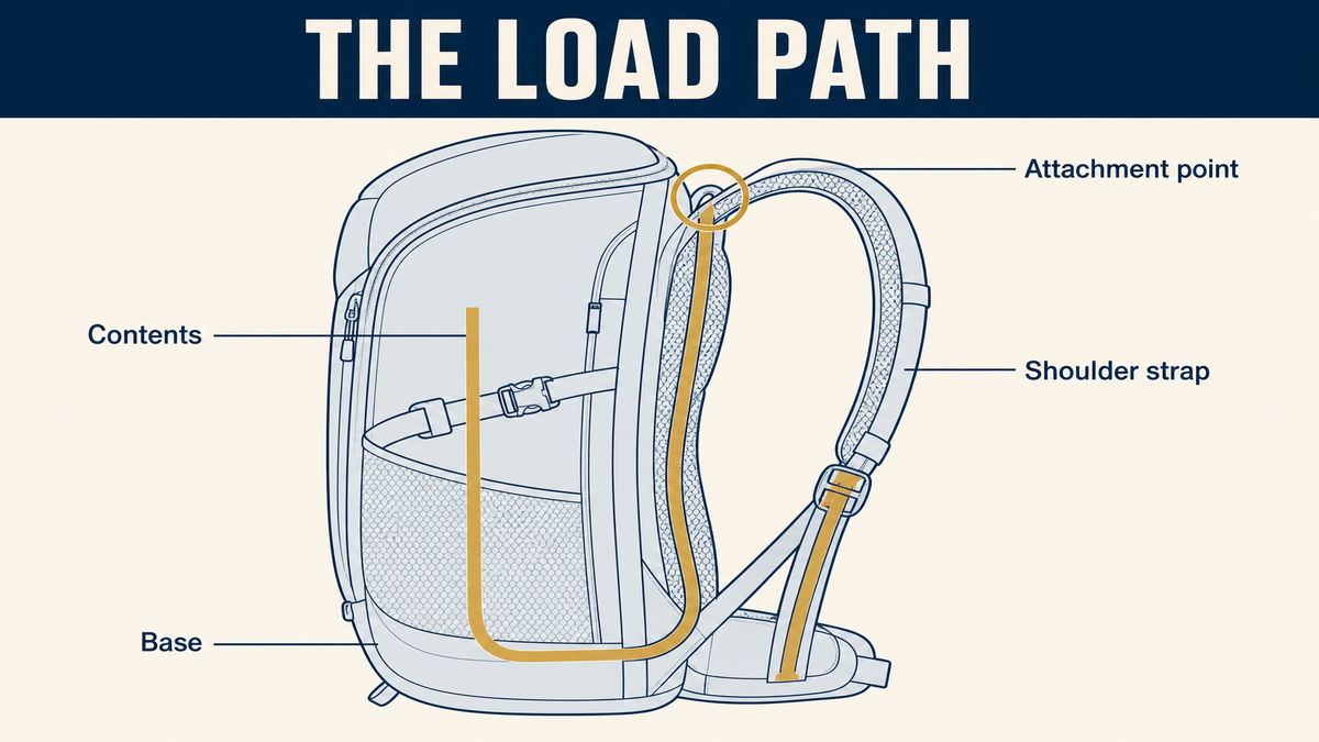 Backpack load path from contents through the base and straps to the attachment point where bags fail first