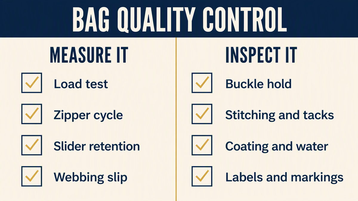 Backpack quality control checklist: load test, zipper cycle, slider retention, buckle, webbing, stitching, coating and labels