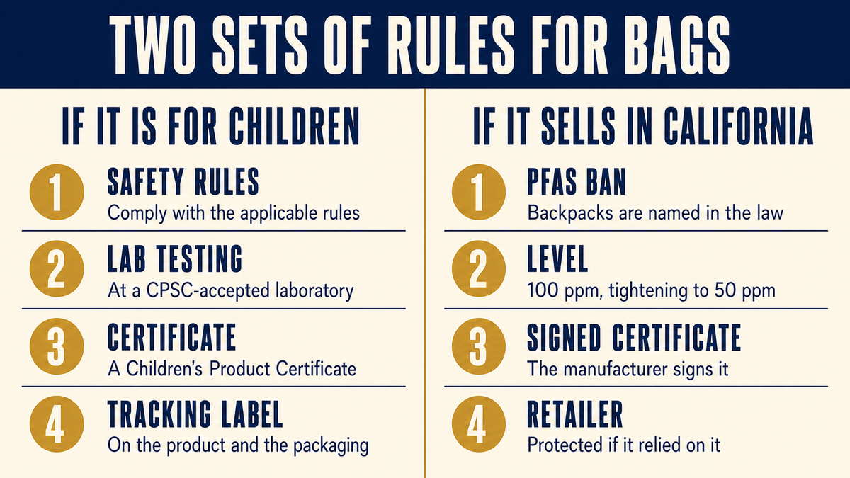 Backpack labelling and chemical requirements: children's product testing, tracking label details and the PFAS certificate