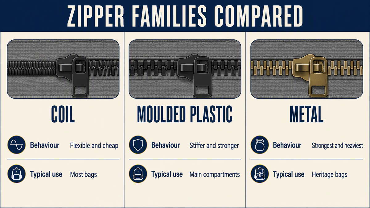 Backpack zipper families compared: coil, moulded plastic and metal, with behaviour and typical use