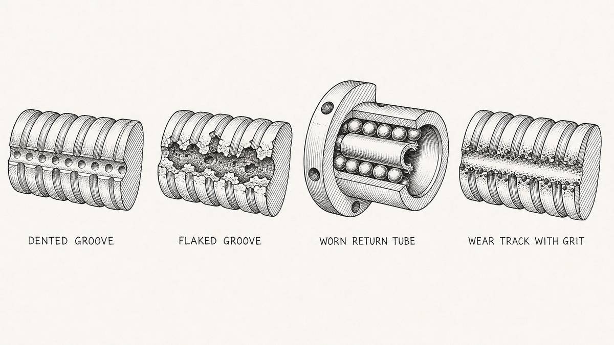 Four failed ball screw components drawn in a single horizontal row as a hand-drawn pen-and-ink engineering plate on a plain off-white paper ground, each an isolated object with a label underneath: a section of ball screw shaft whose groove carries a row of shallow evenly spaced dimples where the balls sat motionless and pressed; a section of ball screw shaft whose groove has broken up into rough flaking patches with jagged edges and dark pitting; a ball nut cut open with its internal return tube worn through in one place so the end of the tube is frayed and opened and its inner wall is polished bright; and a ball screw shaft with a heavy polished wear track running along the middle of its groove flanked by a scatter of fine dark grit caught in the groove