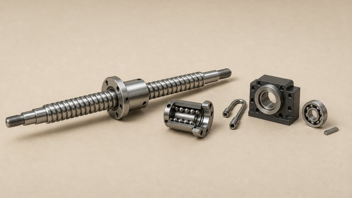 Ball screw cover: a long precision ground ball screw shaft with its continuous helical ball groove and threaded ends, a cylindrical ball nut threaded onto the shaft with a flange and mounting holes, a separate ball nut cut open to show the internal ball tracks and the row of small steel balls, a compact recirculating return tube lying beside it, a rigid flanged bearing support block, a plain deep groove ball bearing, and a short keyed coupling sleeve, arranged in one row on a warm beige studio surface