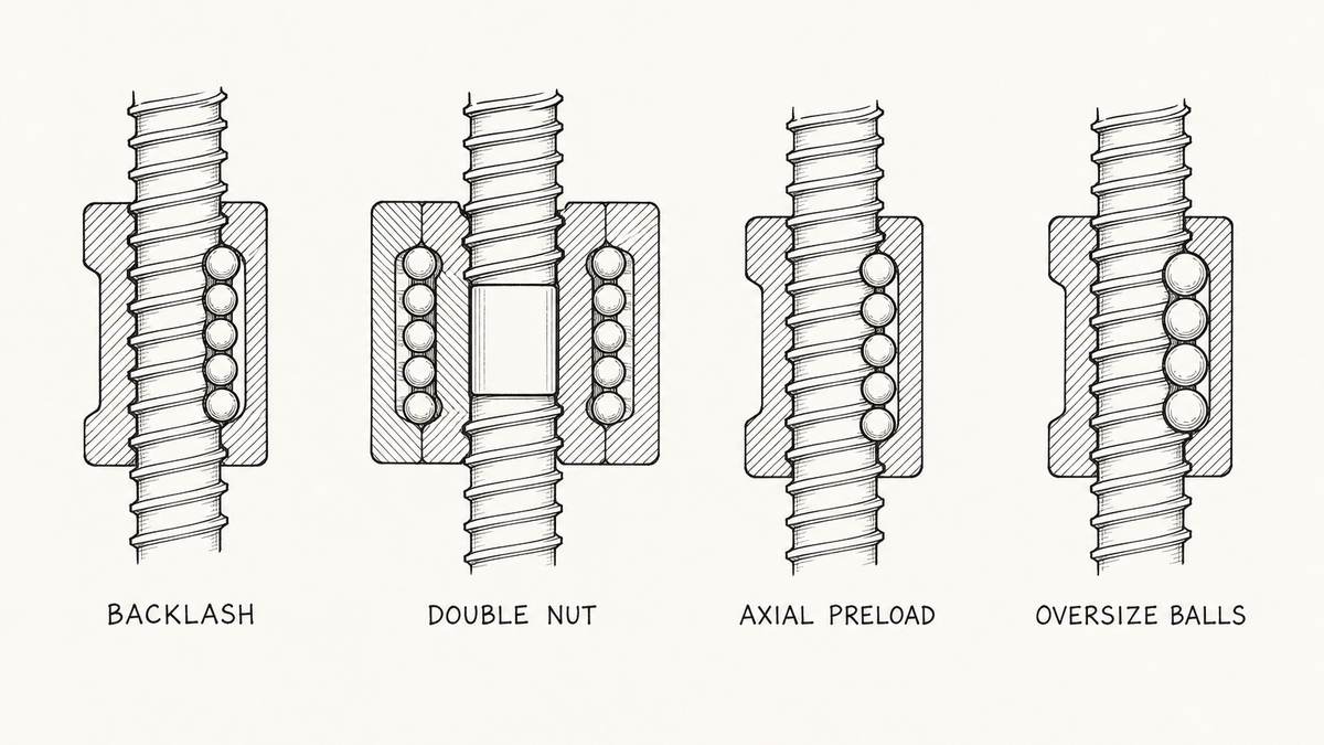 Four ball screw preload and backlash conditions drawn in a single horizontal row as a hand-drawn pen-and-ink engineering plate, each an isolated detail in cut-away section with a label underneath: a single ball nut on a screw with a visible gap between the balls and one flank of the groove showing free play; a double nut assembly of two nuts joined by a plain spacer ring on the same screw with their ball tracks taking opposite flanks of the groove; a single nut whose internal ball track is shifted very slightly along the axis so the balls press against one flank; and a single nut fitted with slightly oversized balls that sit deeper in the groove and touch both flanks at once