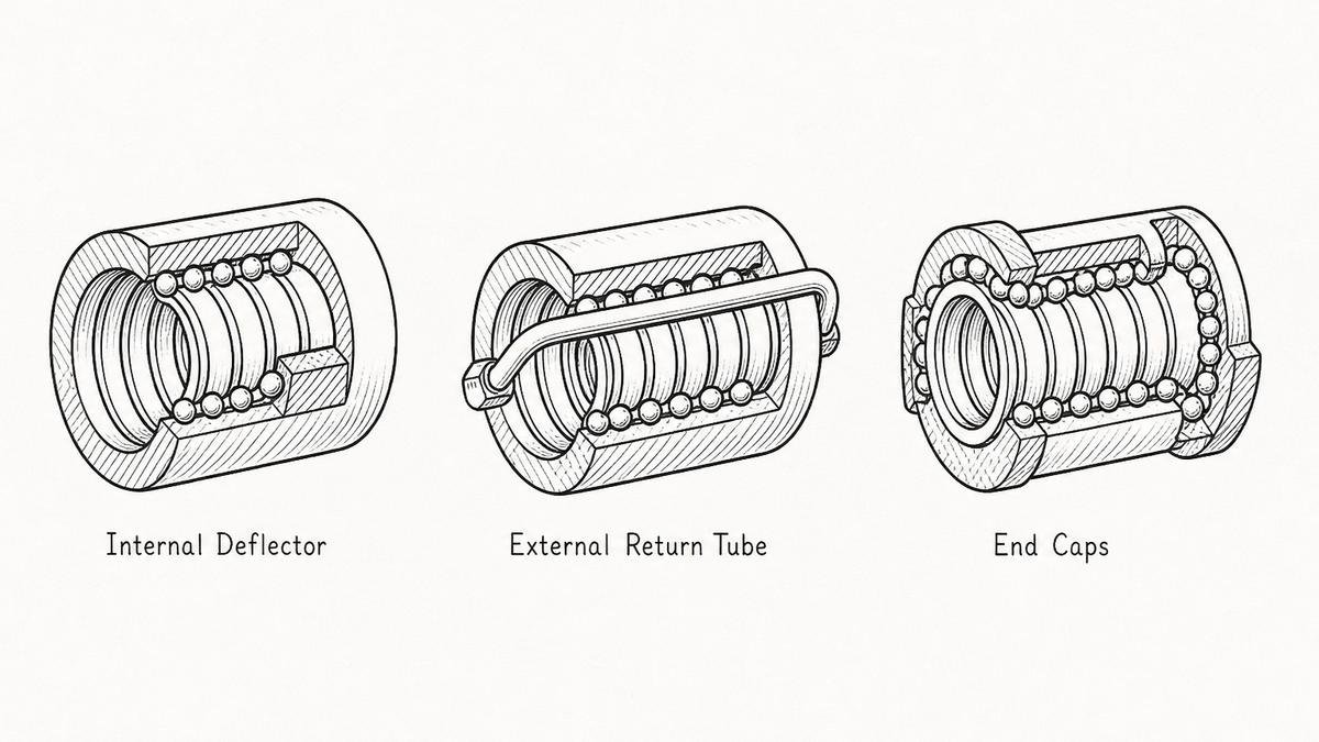 Three ball nut ball-return arrangements drawn in a single horizontal row as a hand-drawn pen-and-ink engineering plate, each an isolated ball nut in cut-away section so the internal ball track and the row of small steel balls are visible, with a label underneath: a ball nut with an internal deflector built into its wall that scoops the balls across one thread groove; a ball nut with an external return tube spanning the outside of the nut from one end of the circuit to the other; and a ball nut using two end caps, one at each end, each carrying a channel that lifts the balls over the outside of the nut and back into the start of the track