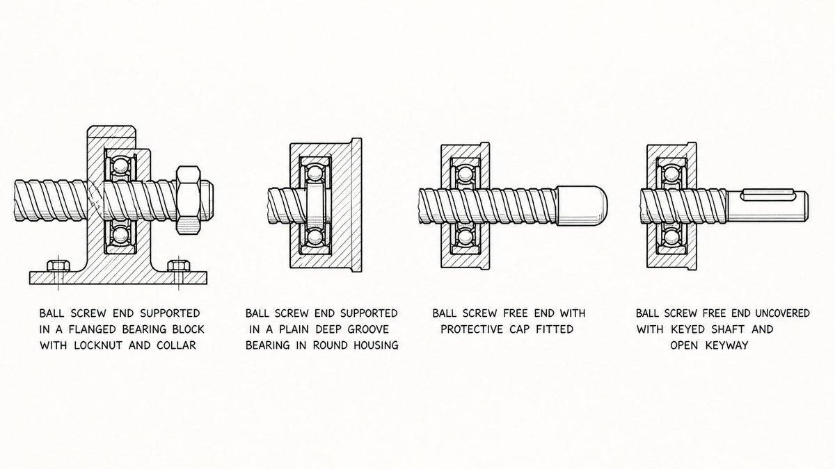 Four ball screw shaft end and mounting details drawn in a single horizontal row as a hand-drawn pen-and-ink engineering plate on a plain off-white paper ground, each an isolated detail seen from the side with a label underneath: a ball screw end supported in a flanged bearing block that is bolted to a flat machine frame, the screw passing through the block with a locknut and a collar on the outer side; a ball screw end supported simply in a plain deep groove bearing seated in a round housing; the free end of a ball screw protruding a long distance from its bearing with a smooth rounded end and a non-rotating protective cap fitted over it; and the same free end left uncovered with a keyed shaft and an open keyway carrying no mating part