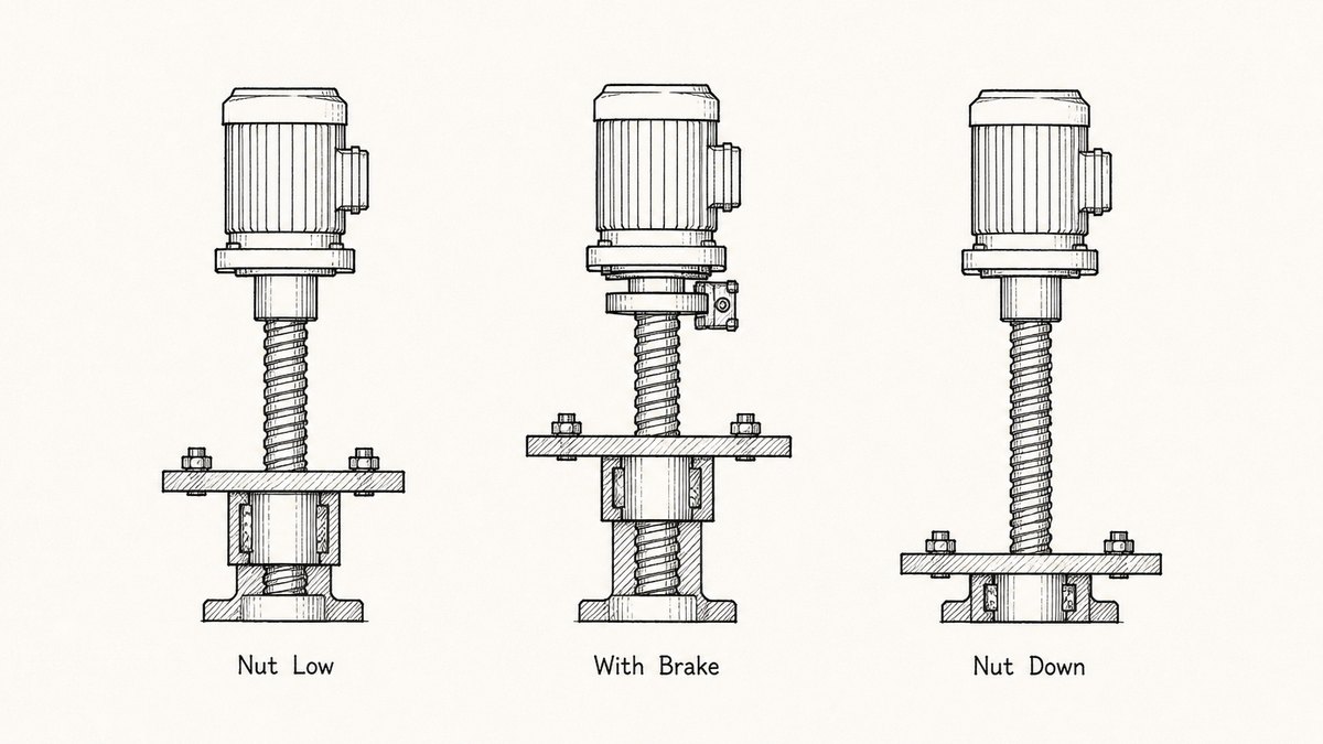 Three short vertical ball screw axis arrangements drawn in a single horizontal row as a hand-drawn pen-and-ink engineering plate on a plain off-white paper ground, each a side view with a label underneath. The first is labelled Nut Low and shows a short vertical ball screw with its ball nut low on the screw, a horizontal load platform bolted to the top of the nut and a plain motor above the screw, drawn level and in balance. The second is labelled With Brake and shows the same short vertical axis with a brake drawn as a small disc and caliper between the motor and the top of the screw, with the load still held high. The third is labelled Nut Down and shows the same short vertical axis with no brake and nothing holding the screw, the nut having travelled down to the bottom of the screw with the load carried down with it