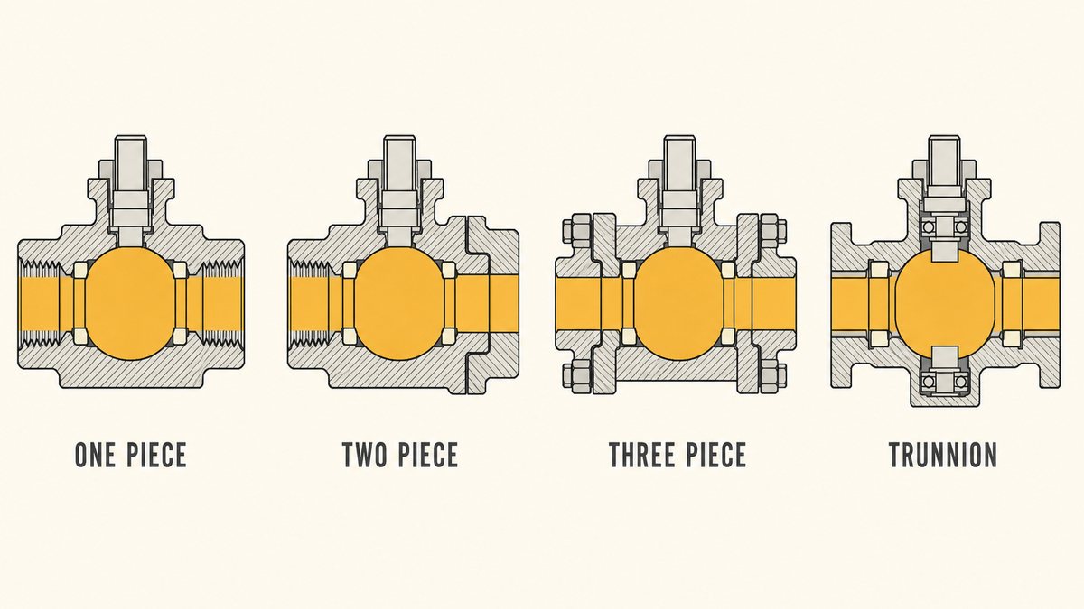Four ball valve constructions compared in section: a one piece body, a two piece body with one end cap, a three piece body with a removable centre section, and a trunnion mounted ball carried on top and bottom bearings