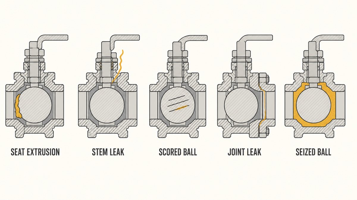 Five ball valve faults shown in section: a seat extruded into the gap behind the ball, a weeping stem seal, a scored ball face, a leaking body joint and a ball seized in a solidified medium