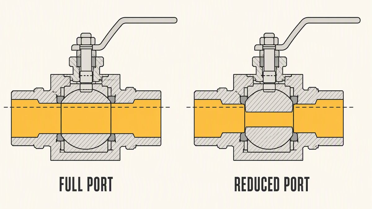 A full port ball valve and a reduced port ball valve compared in section against the same pipe inside diameter, showing the narrower bore through the ball of the reduced port version