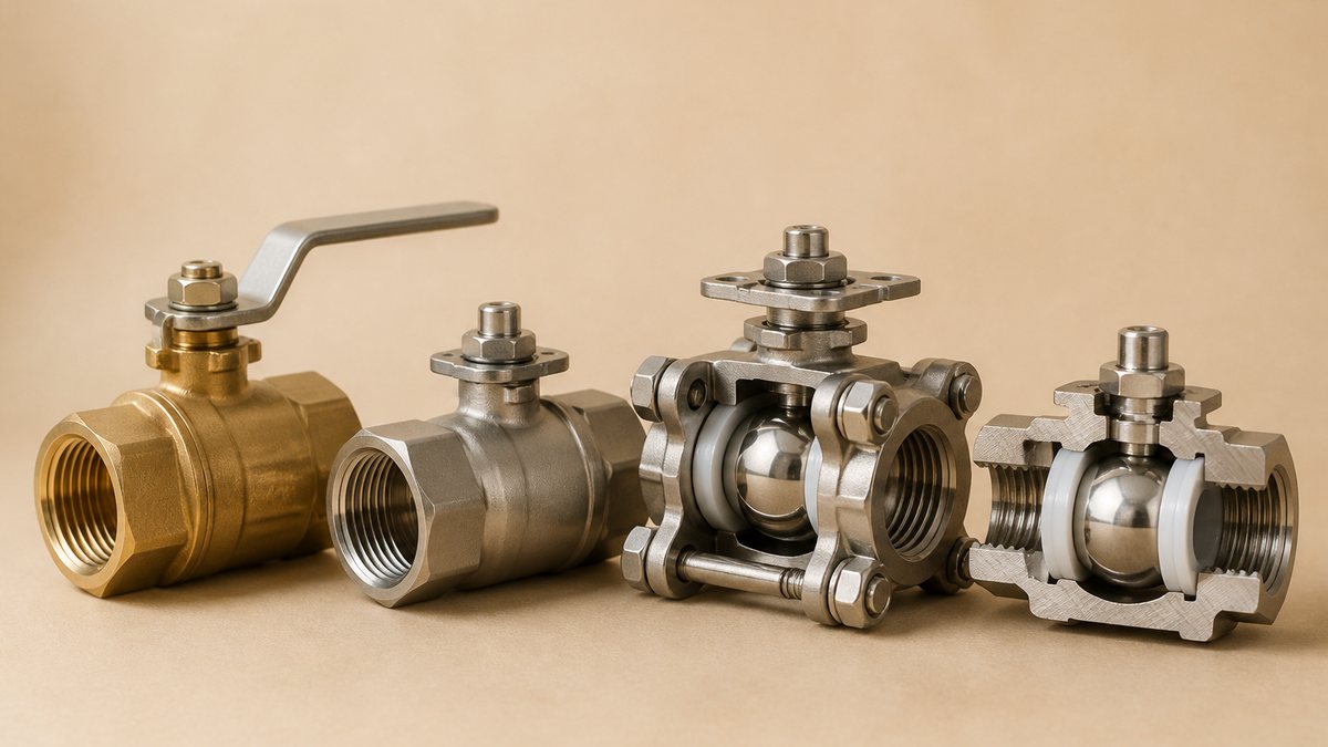 Ball valve sourcing cover: a brass ball valve with its lever handle, a stainless steel ball valve, a three-piece valve with its centre section removed and a valve body cut in half to show the ball and seats on a beige studio surface