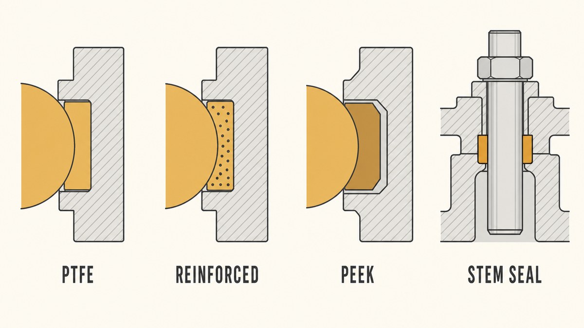 Three ball valve seat constructions compared in section: a plain PTFE seat, a reinforced PTFE seat with filler particles shown, and a PEEK seat, alongside the stem seal arrangement around the shaft