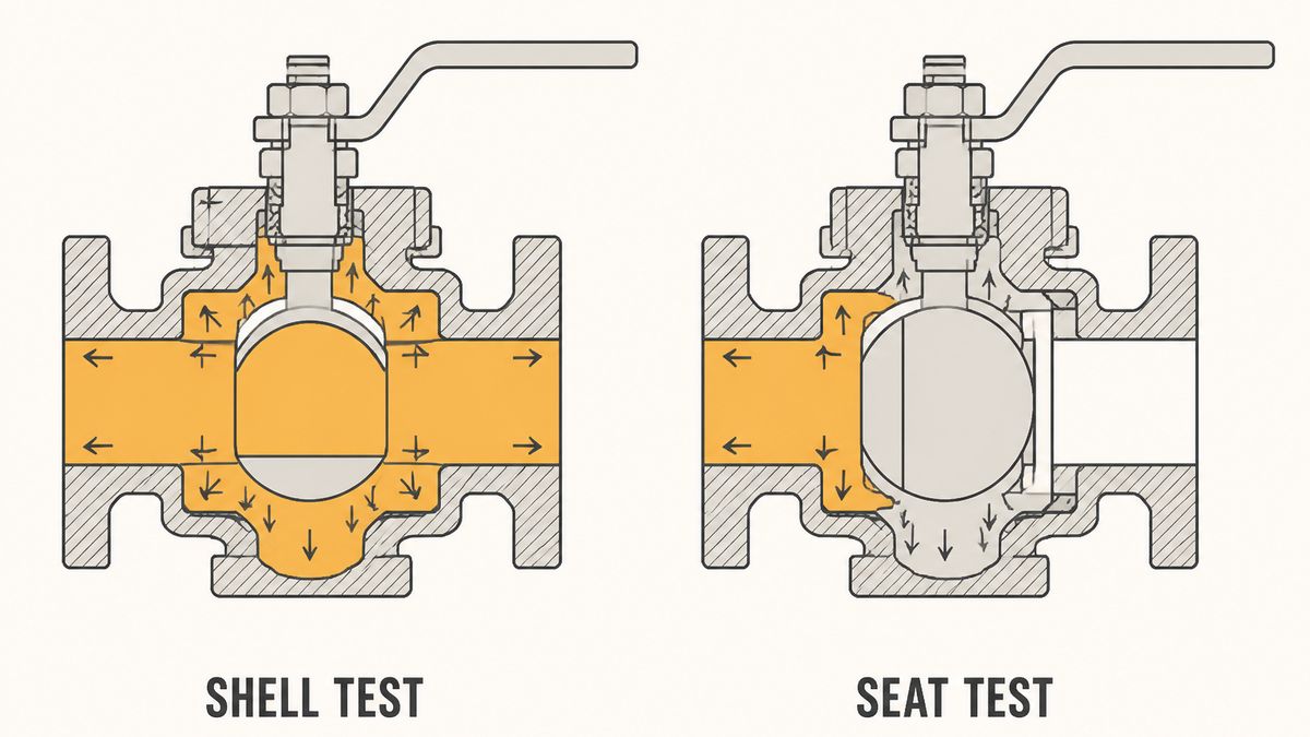 A shell test and a seat test compared in section: the shell test pressurising the whole body with the valve open, and the seat test pressurising one side of the closed ball