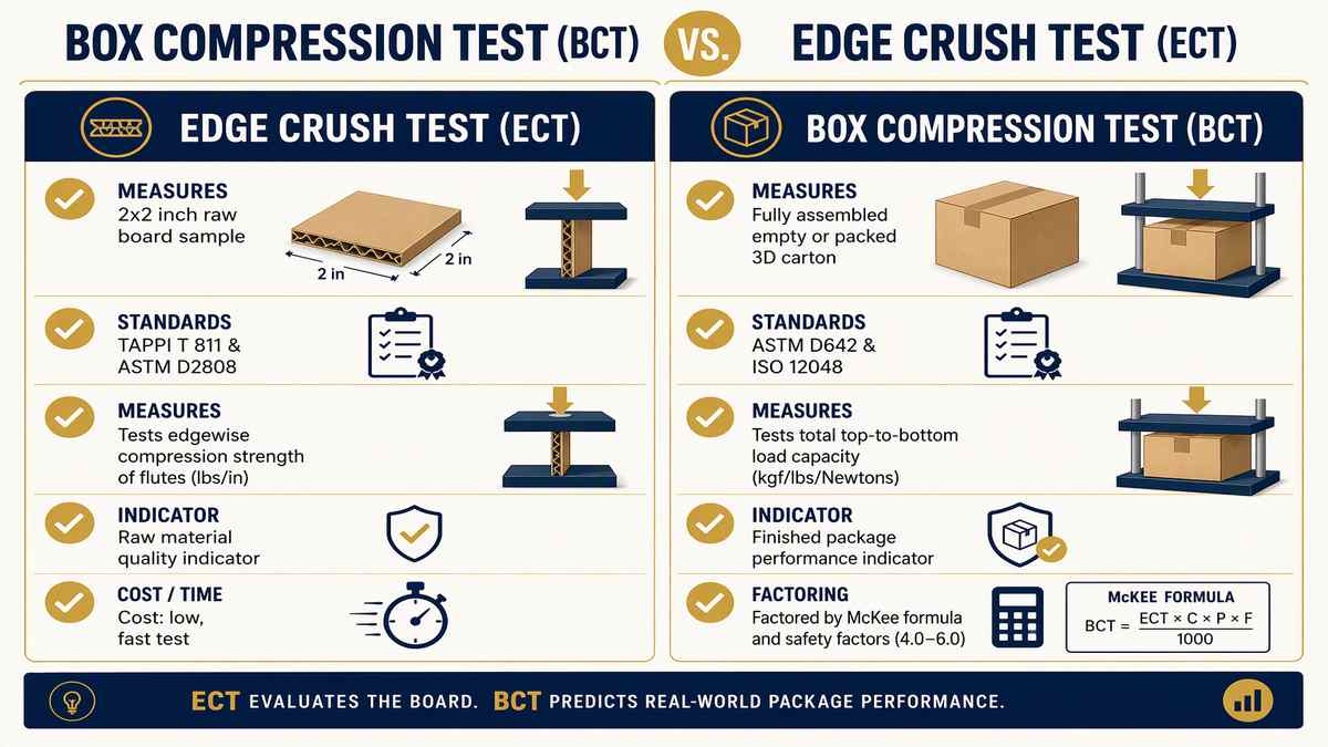 Box Compression Test BCT vs Edge Crush Test ECT Comparison Matrix Infographic