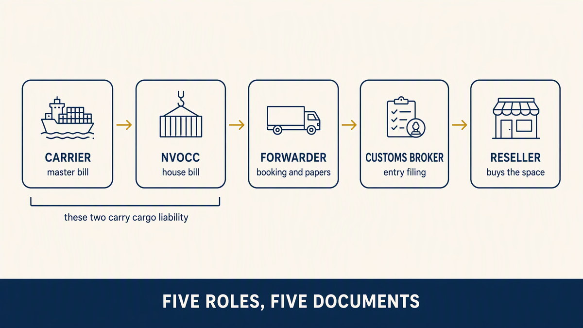 Flat vector diagram of five shipping roles in a chain, carrier, NVOCC, forwarder, customs broker and reseller, with the documents each one issues