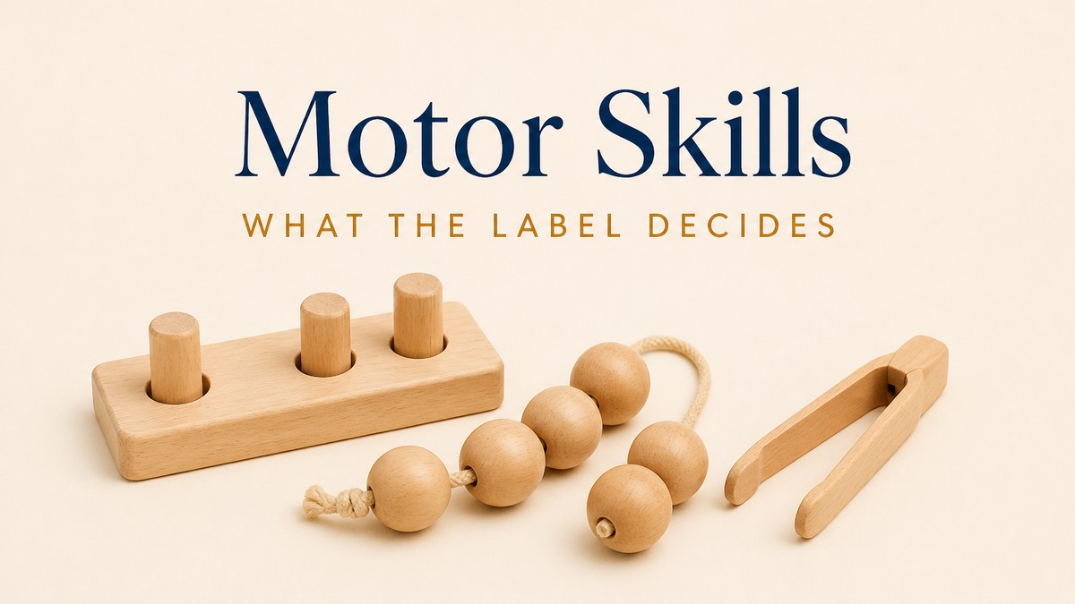 Blog cover on a flat cream studio surface showing a wooden peg board, a string of large lacing beads and a small pair of child-safe tongs, with a navy serif headline reading Motor Skills and an amber subhead reading What the Label Decides