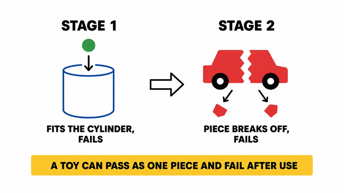 Flat vector diagram of the two-stage small parts test, showing stage one where a bead fits a cylinder and fails, and stage two where a piece breaks off during use and abuse testing and also fails