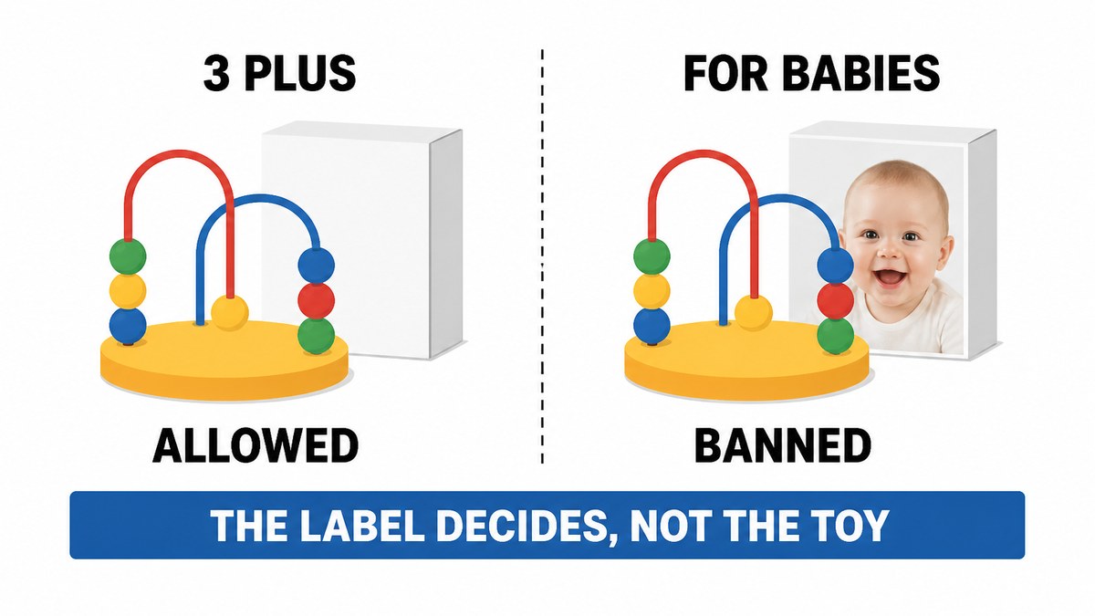 Flat vector diagram showing one identical bead toy twice, on the left labelled 3 plus with a neutral box and marked allowed, and on the right labelled for babies with a baby photograph and marked banned