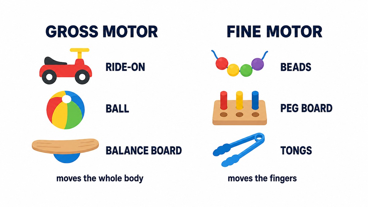 Flat vector infographic with two columns, one headed Gross Motor listing a ride-on, a ball and a balance board, and one headed Fine Motor listing beads, a peg board and tongs