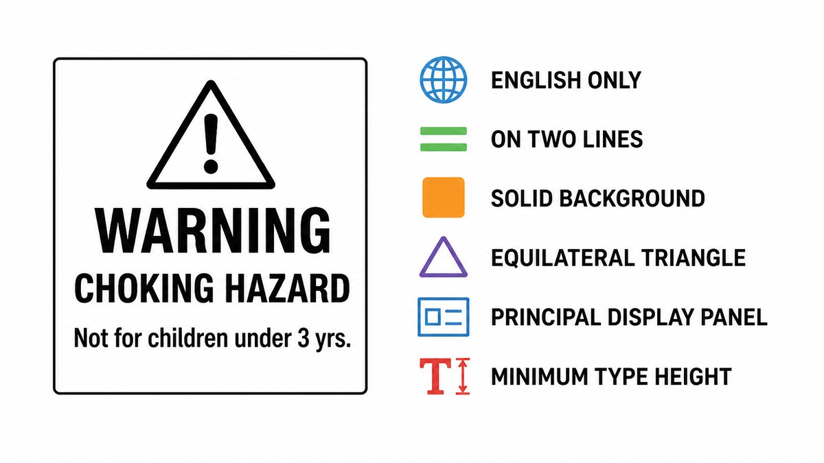 Flat vector diagram showing the anatomy of a small-parts warning panel, with callouts for the signal word WARNING, the hazard statement CHOKING HAZARD, the age line, the equilateral alert triangle, the minimum type height and the solid background requirement
