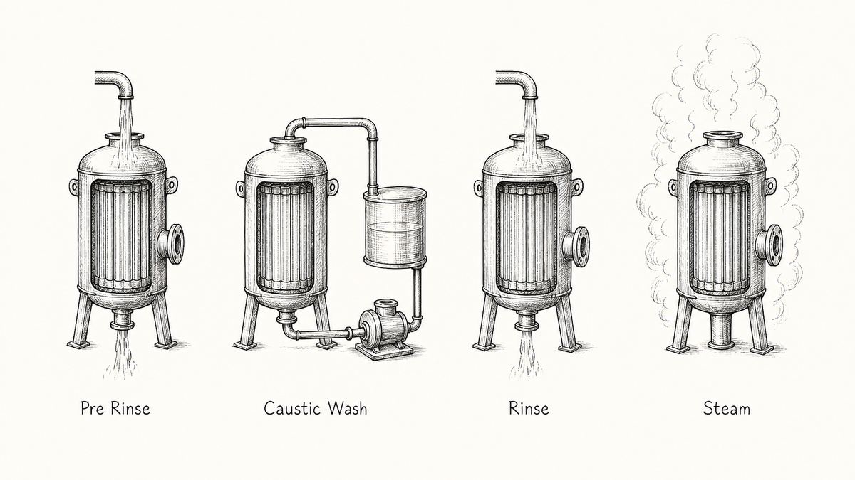 Pen and ink engineering plate showing the four steps of a clean in place and steam in place cycle with a plain label under each reading Pre Rinse, Caustic Wash, Rinse, Steam