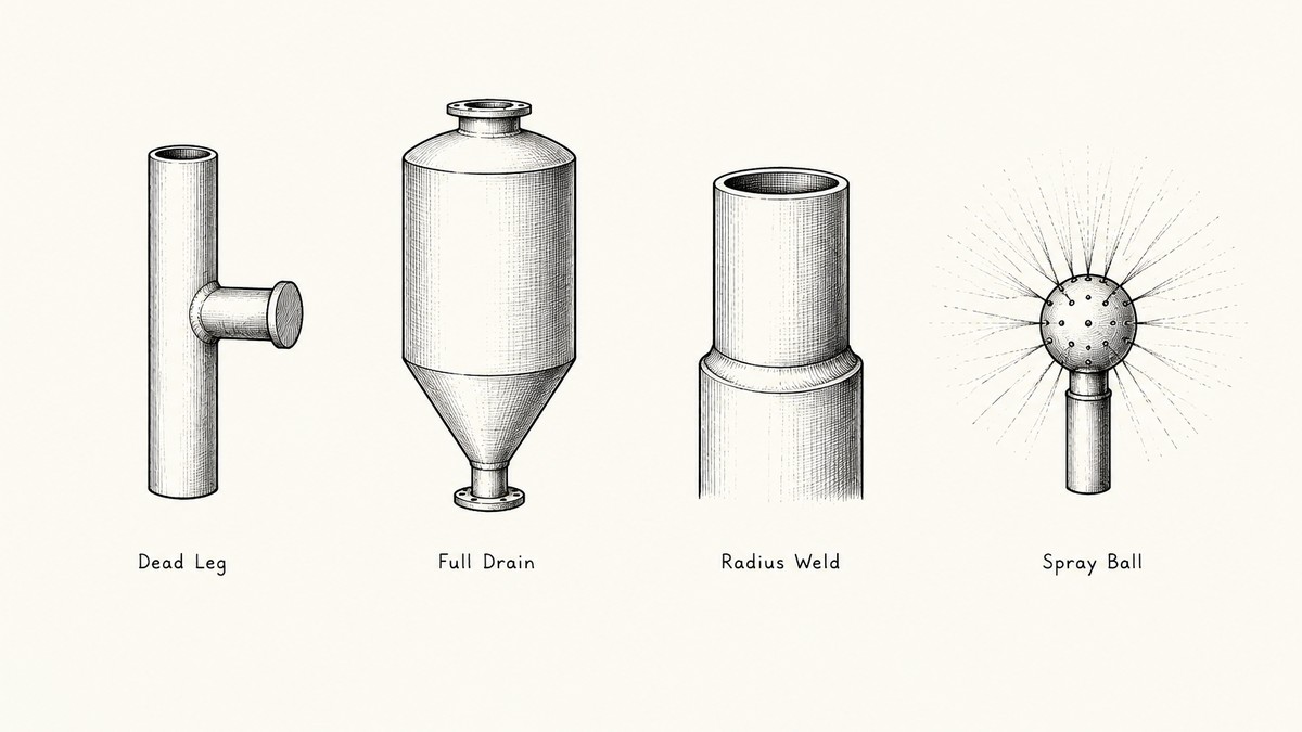 Pen and ink engineering plate showing four cleanability details in a sanitary vessel with a plain label under each reading Dead Leg, Full Drain, Radius Weld, Spray Ball
