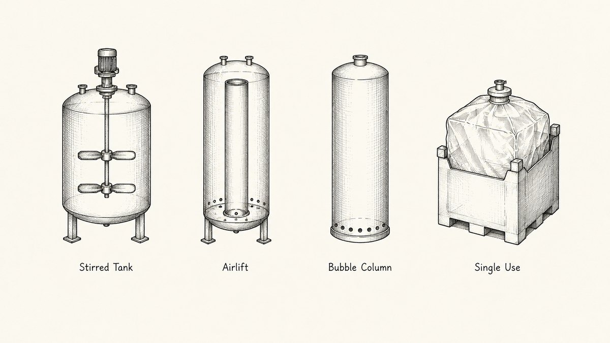 Pen and ink engineering plate showing four bioreactor types in one row with a plain label under each reading Stirred Tank, Airlift, Bubble Column, Single Use