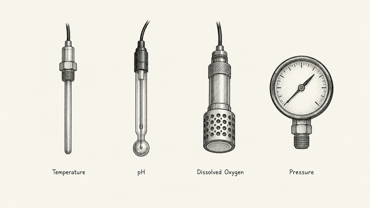 Pen and ink engineering plate showing four bioreactor instruments in one row with a plain label under each reading Temperature, pH, Dissolved Oxygen, Pressure