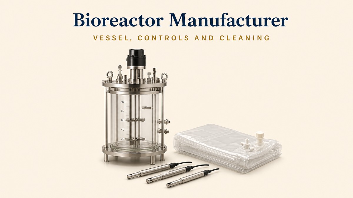 Blog cover showing a benchtop glass stirred tank bioreactor with a stainless headplate beside a folded single-use bag and sensor probes on a cream background, with a navy serif headline reading Bioreactor Manufacturer and an amber subhead reading Vessel, Controls and Cleaning